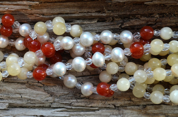 6mm Calcite, Carnelian & Pearl with Czech Crystal