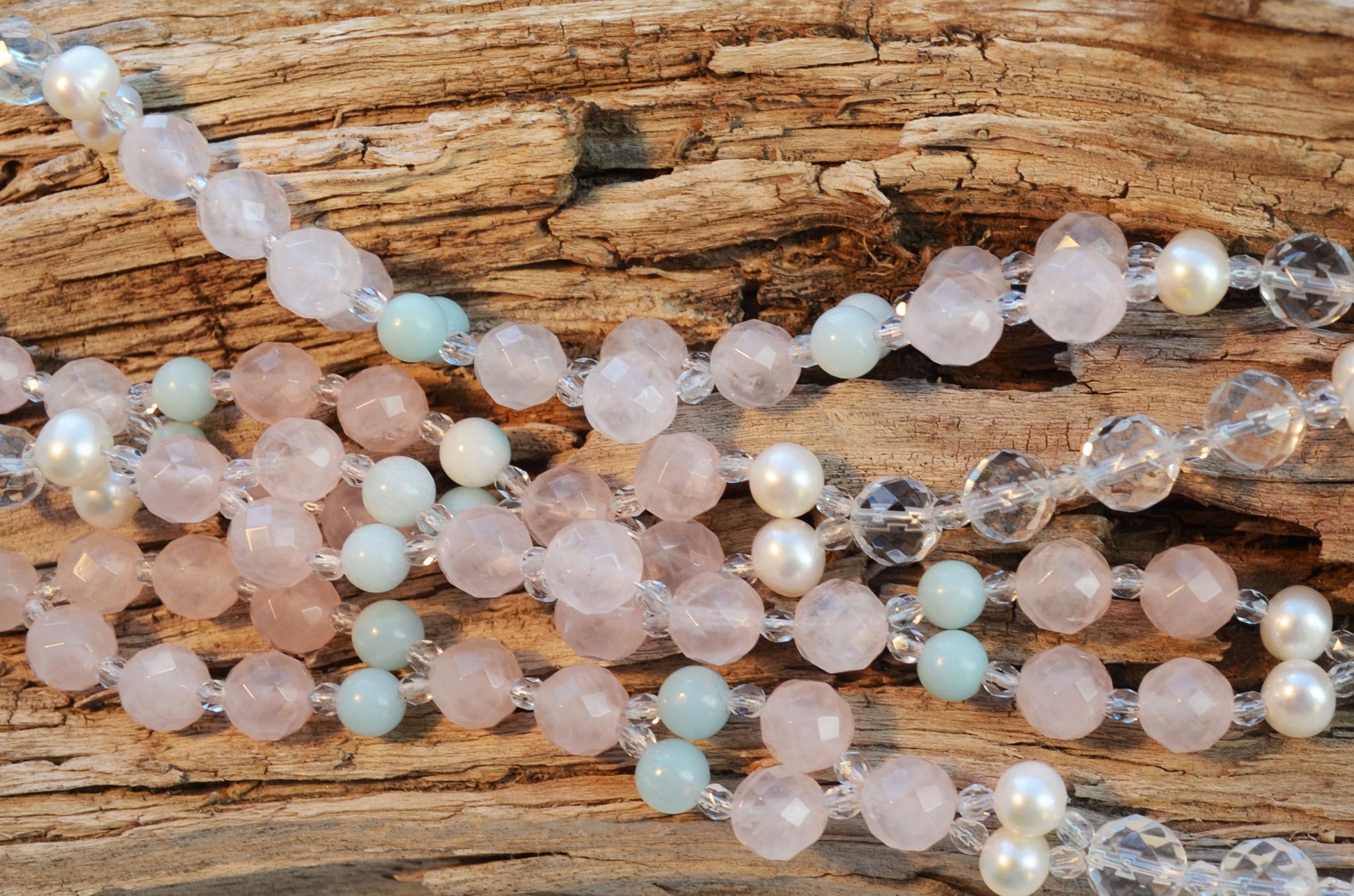8mm Rose Quartz, 6mm Amazonite, 8mm Quartz & Pearl with Czech Crystal