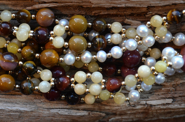 6mm Calcite, 7mm Tiger Eye, 10mm Mookinite & 6mm Pearl with Gold-Fill