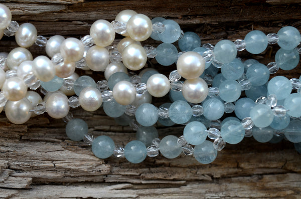 6mm Aquamarine & Pearl with Czech Crystal