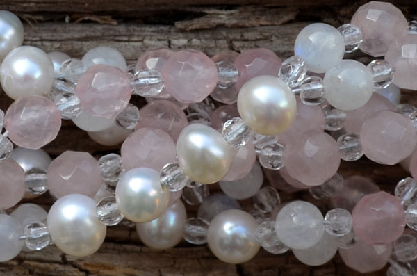6mm Rose Quartz, Moonstone & Pearl with Czech Crystal
