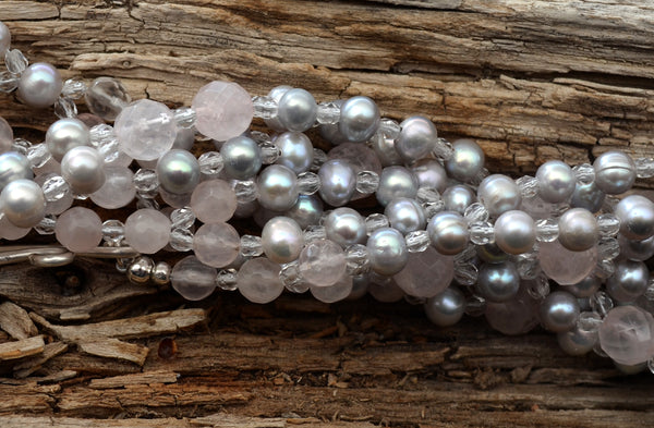 7mm Grey Pearls & 6 and 8mm Rose Quartz with Czech Crystal