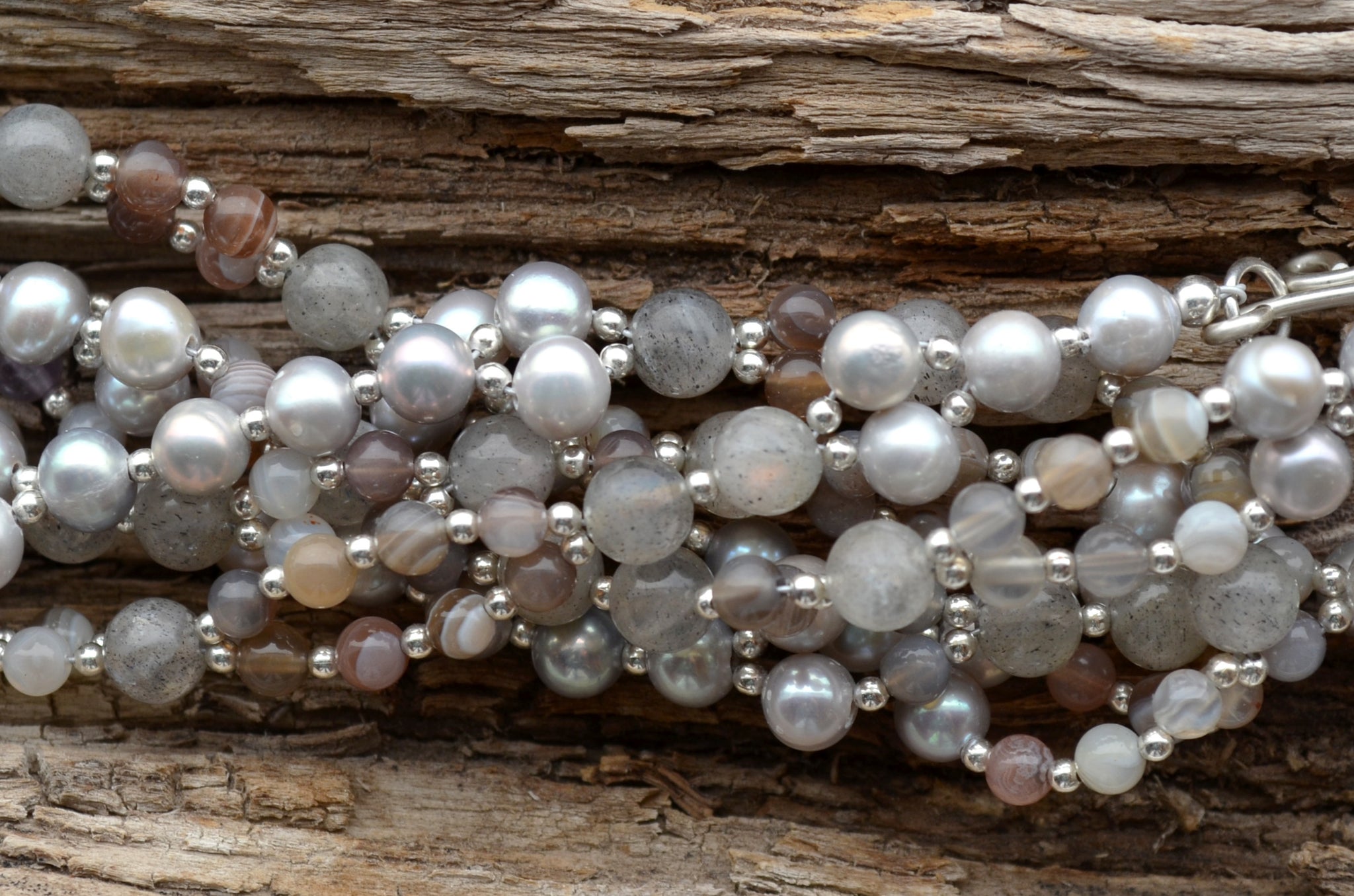 4mm Botswana Agate, 6mm Grey Pearl, 6mm Labradorite w/ Sterling Silver