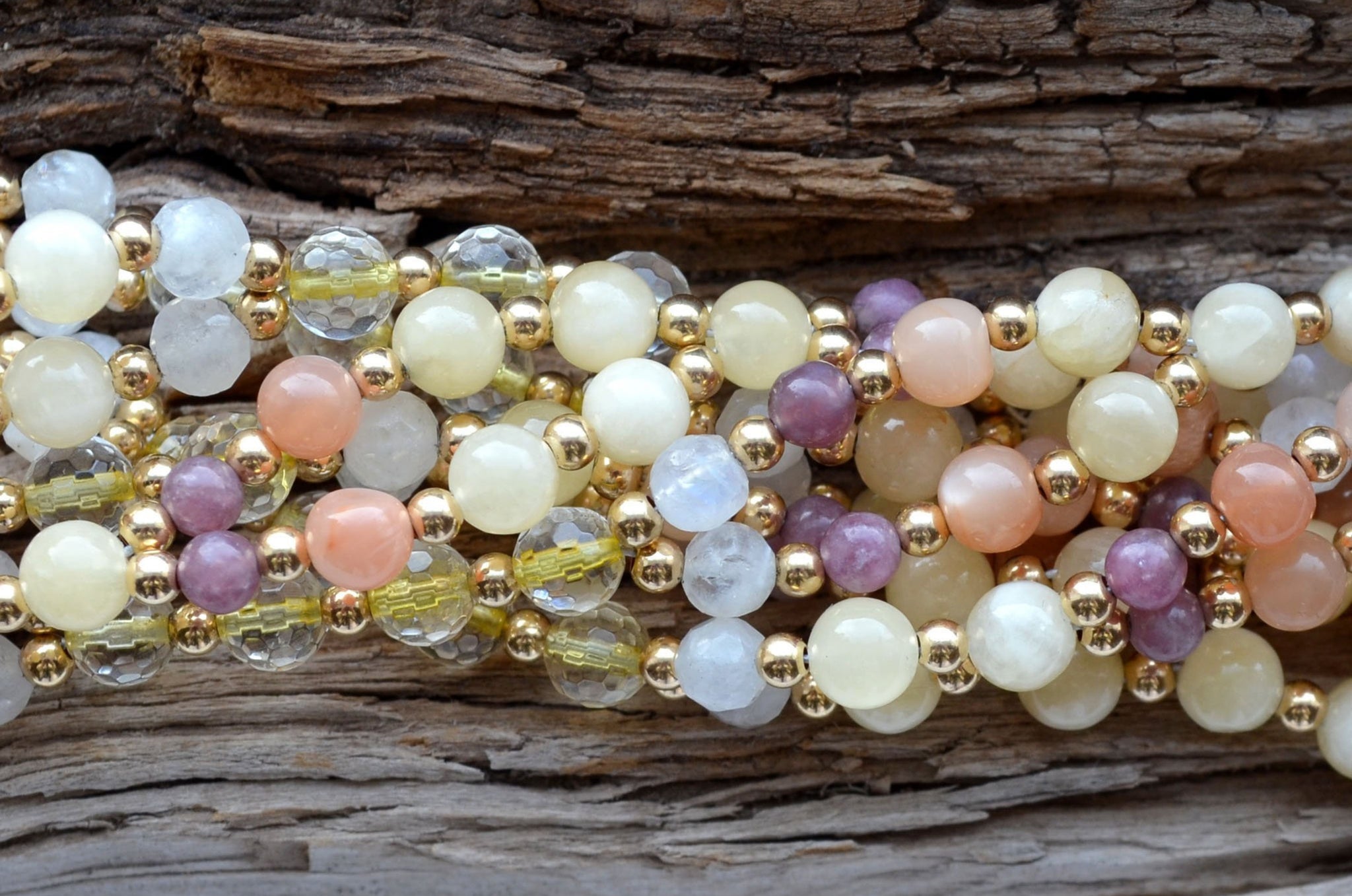 6mm Calcite, 4mm Lepidolite, 6mm Peach Moonstone, 6mm Citrine & 6mm Faceted Moonstone with Gold-Fill