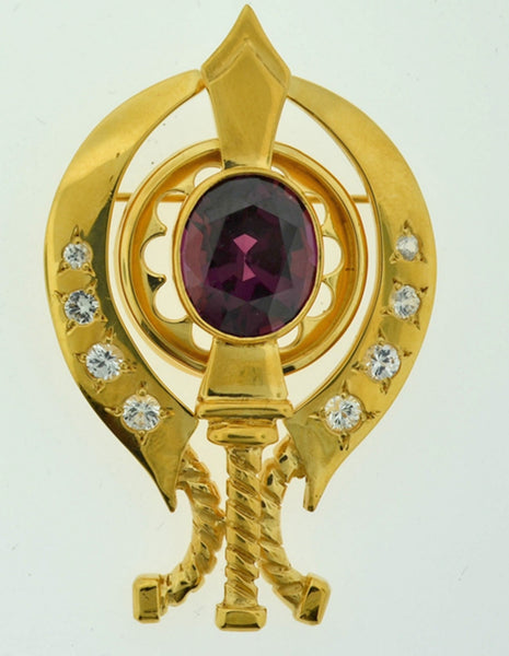 Adi Shakti Brooch Pin, 12.4 Ct. Rhodolite, White Sapphires, Gold-Filled, 6.5x10mm