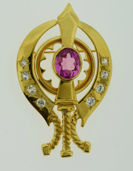 Adi Shakti Brooch Pin, 4Ct. Pink Sapphire, Synthetic, White Sapphires, Gold-Filled, 6.5x10mm