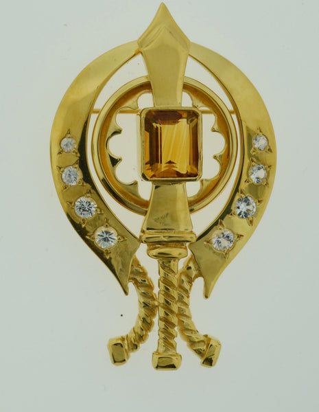 Adi Shakti Brooch Pin, 4.5 Ct. Rectangular Citrine, White Sapphires, Gold-Filled, 6.5x10mm