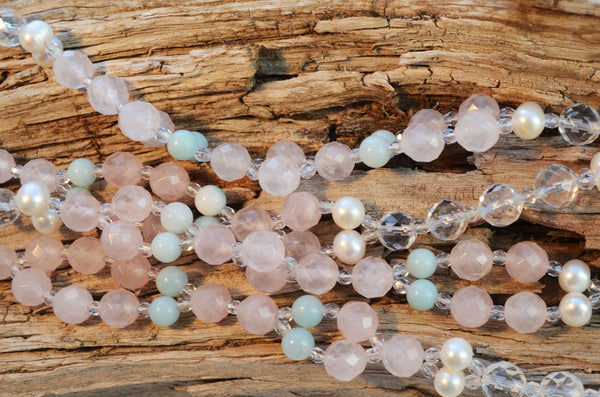 8mm Rose Quartz, 6mm Amazonite, 8mm Quartz & Pearl with Czech Crystal