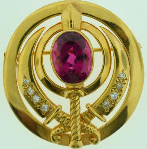 Adi Shakti Pin/Pendant Rubellite Tourmaline with Diamonds, Gold-Filled