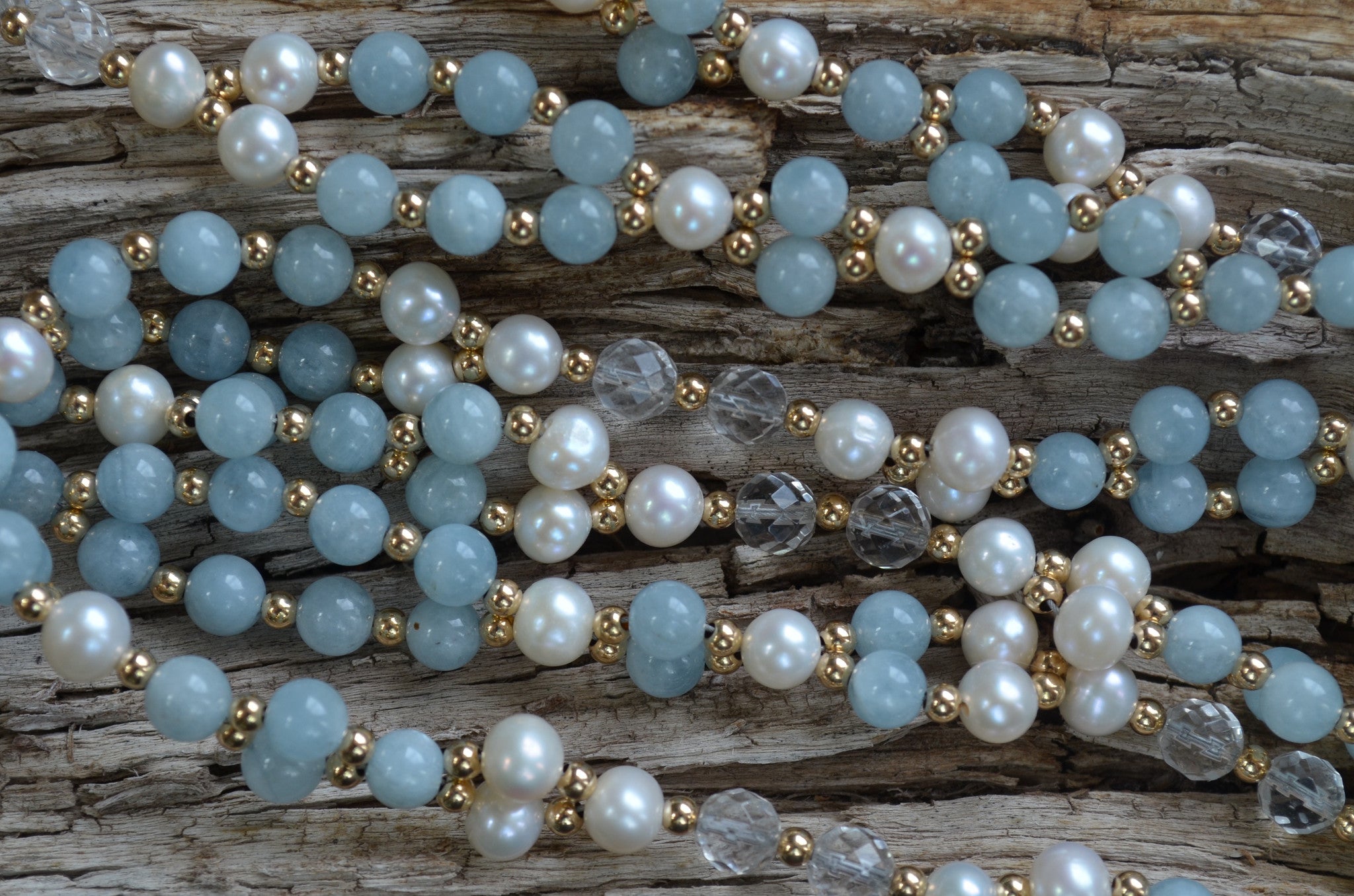 6mm Aquamarine, Pearl & Quartz with Gold Fill