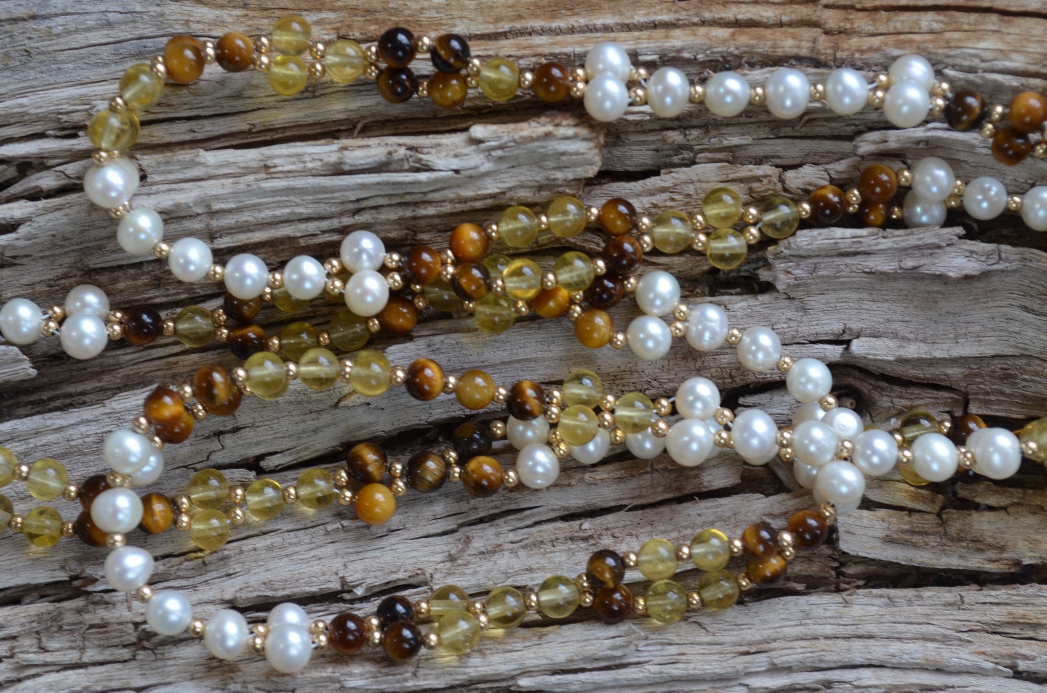 4mm Yellow Fluorite, Tigers Eye & Pearl with Gold Fill