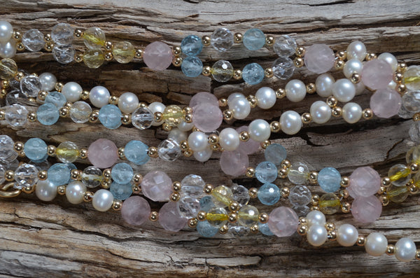 8mm Rose Quartz, 6mm Blue Topaz, Citrine, Quartz Crystal, Pearl & Gold-Fill