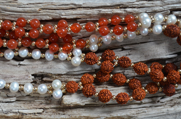 8mm Rudraksha, Carnelian & Pearl with Gold-Fill