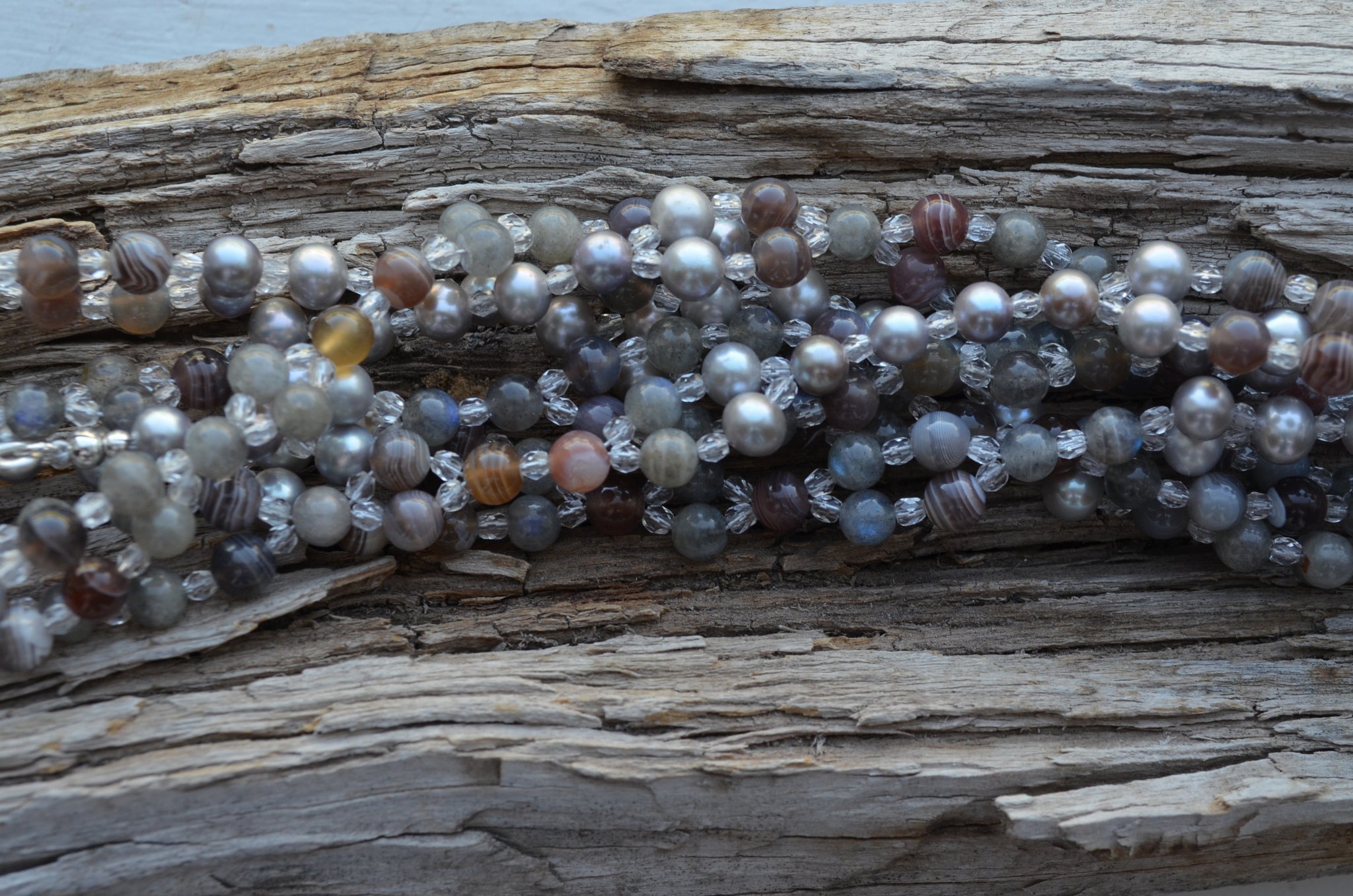 6mm Botswana Agate, Labradorite with Grey Pearl and Czech Crystal