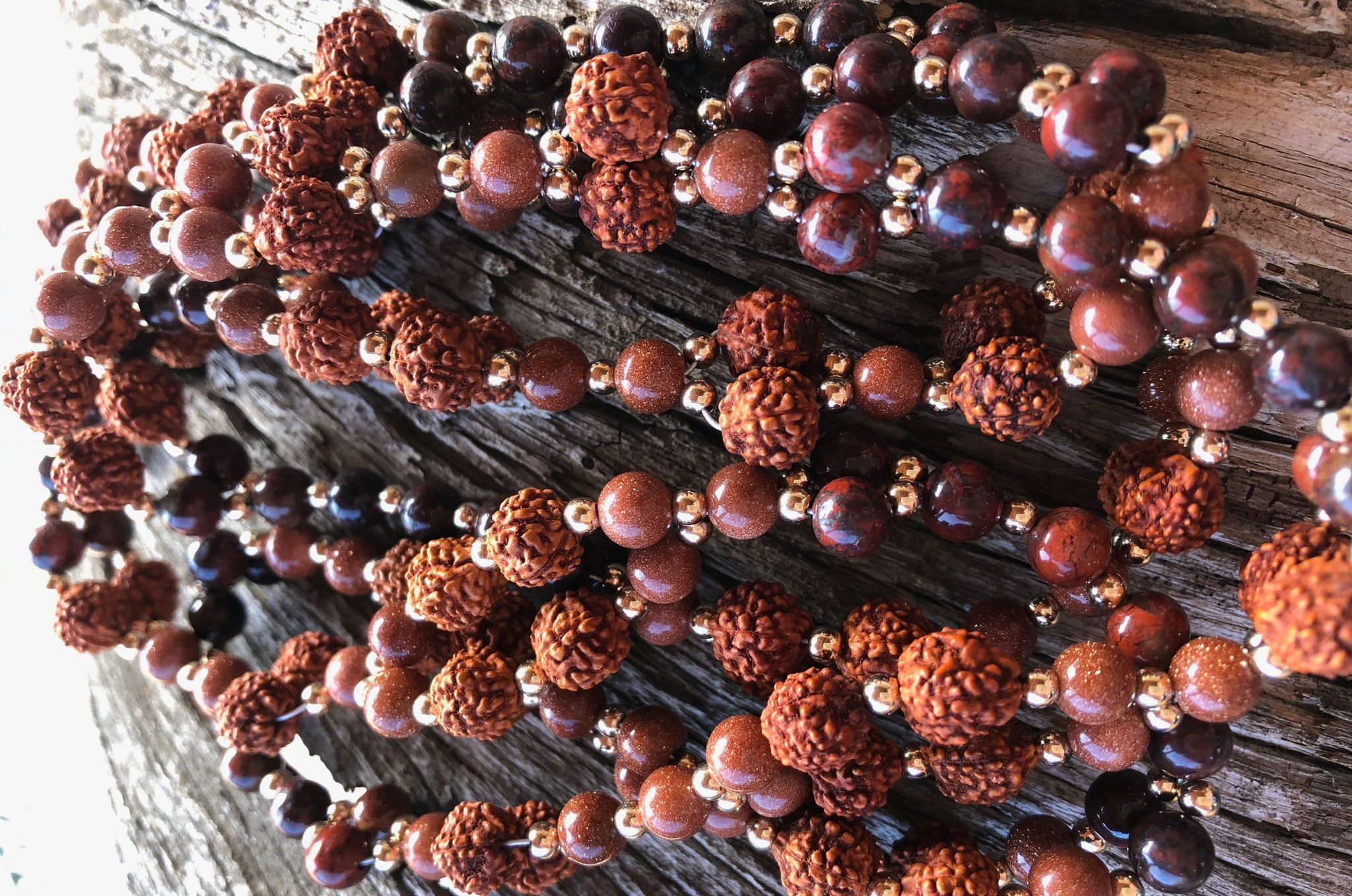 8mm Rudraksha, 6mm Goldstone & Poppy Jasper with Gold Filled